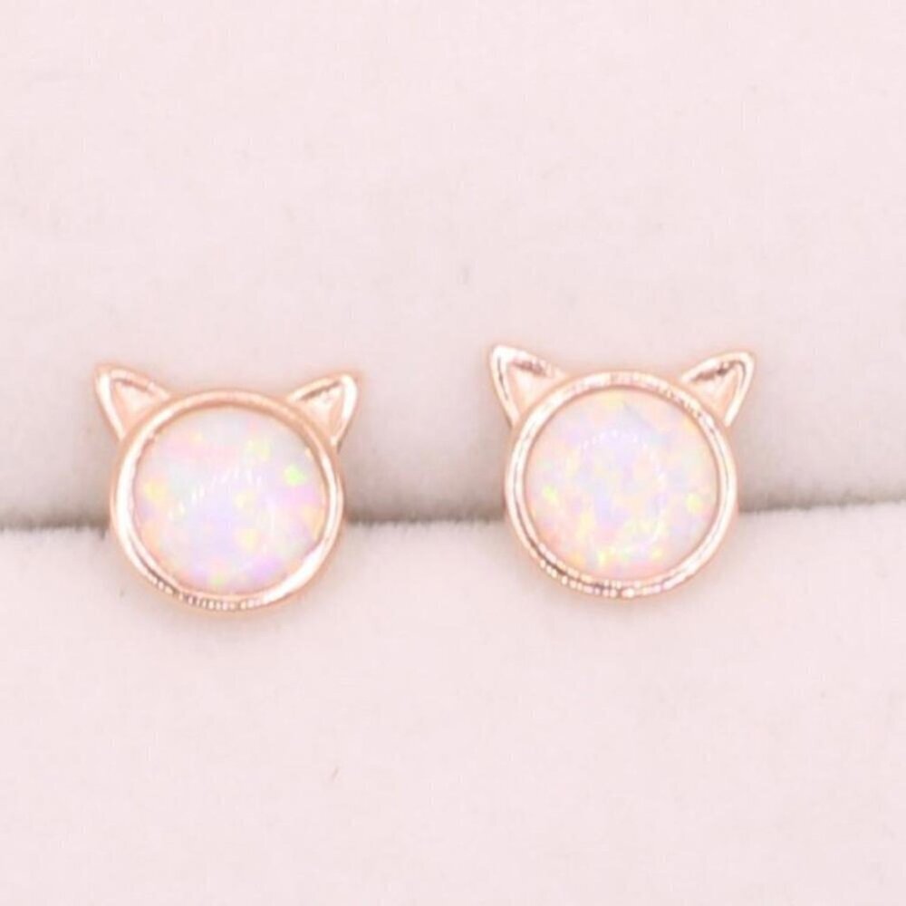 925 Sterling Silver Rose Gold Opal Kitty Cat Stud Earrings - Picture 4 of 5